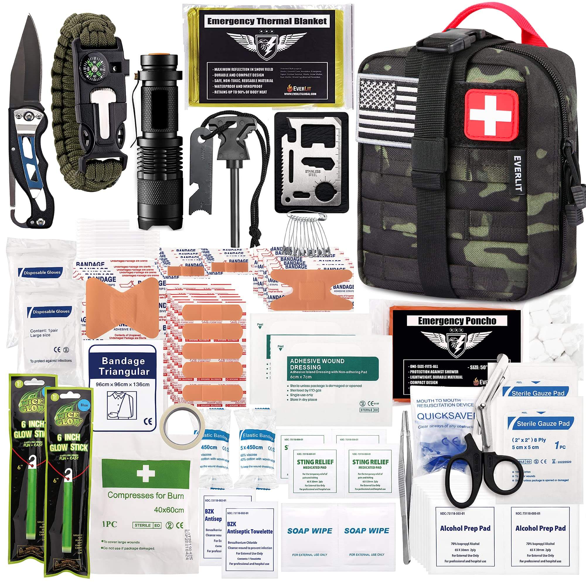 Survival First Aid Kit with MOLLE Pouch ✓