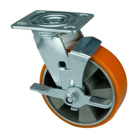 4" Inch Heavy Duty Caster Wheel 661 pounds Side Brake Aluminum and Polyurethane Top Plate - VXB Ball Bearings