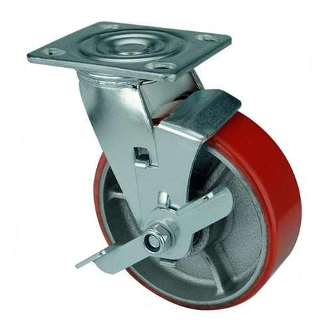 4" Inch Heavy Duty Caster Wheel 661 pounds Swivel and Center Brake Cast Iron and Polyurethane Top Plate - VXB Ball Bearings