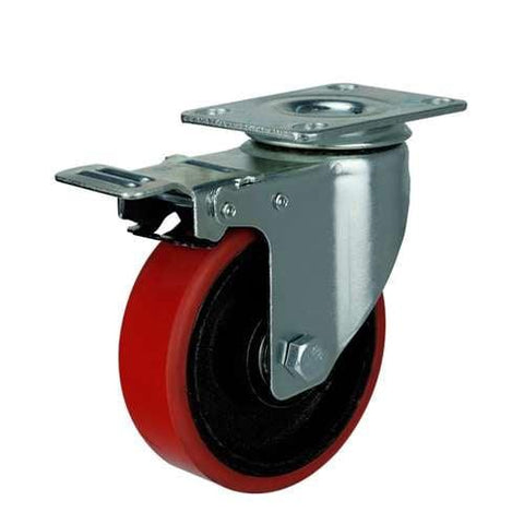 4" Inch Medium Duty Caster Wheel 265 pounds Swivel and Upper Brake Iron and Polyurethane Top Plate - VXB Ball Bearings