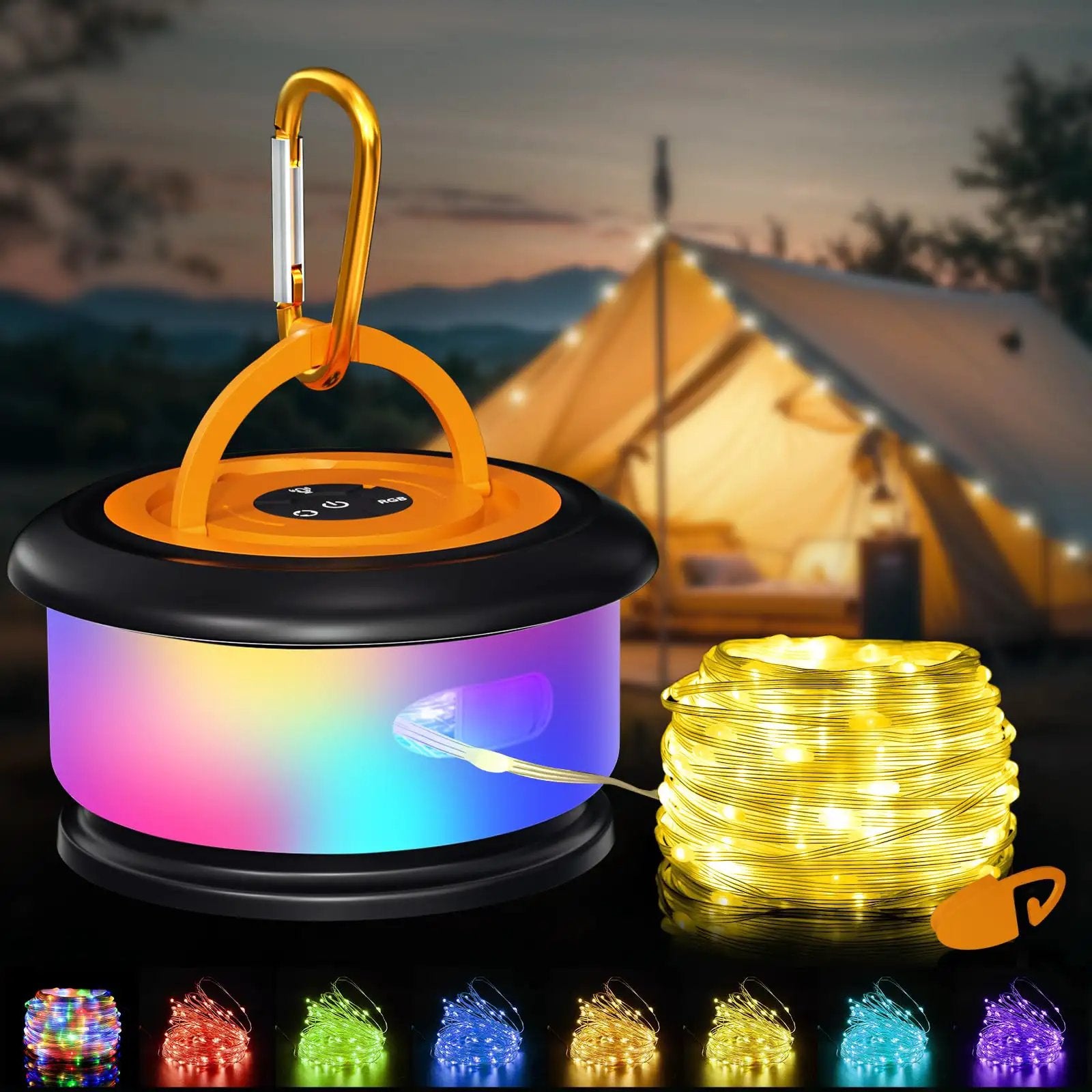 Retractable 32.8 Feet RGB Camping String Lights With Rechargeable LED Fairy Lights Outdoor Waterproof Portable Lantern For Tent Patio Garden And RV 