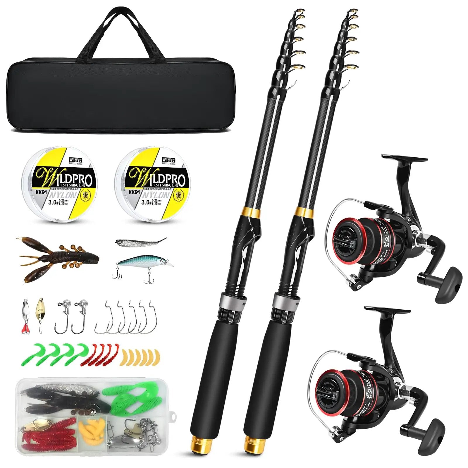 Two Piece Telescopic Carbon Fiber Fishing Rod And Reel Set With Two Spinning Reels, Two Lines, Hooks And Bait, Portable Carry Bag, 6.9 Foot 