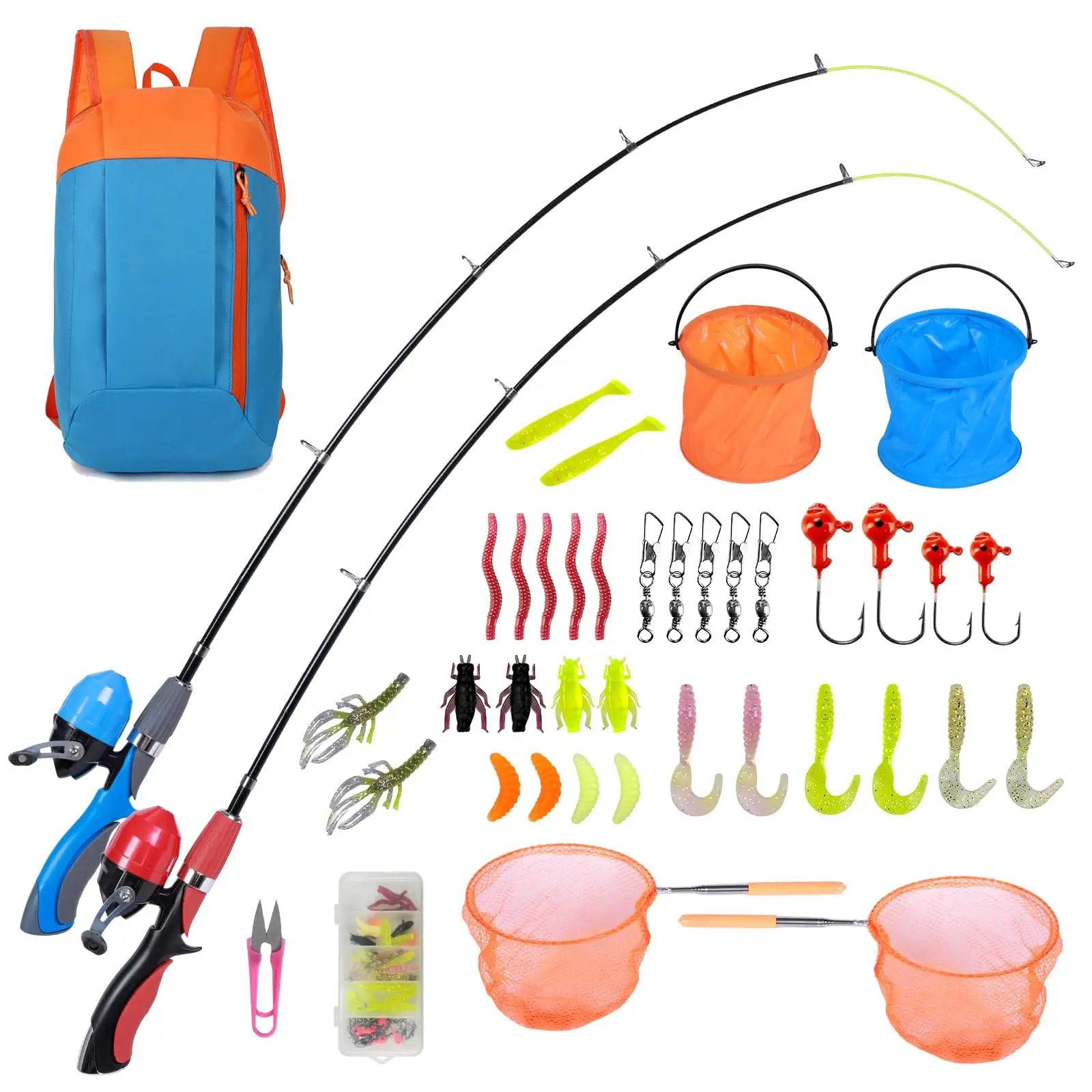Two Pack Kid Friendly Fishing Pole Kit With Portable Telescopic Rod Tackle Box Nets And Buckets Outdoor Adventure Ready Fishing Set For Boys And Girls 