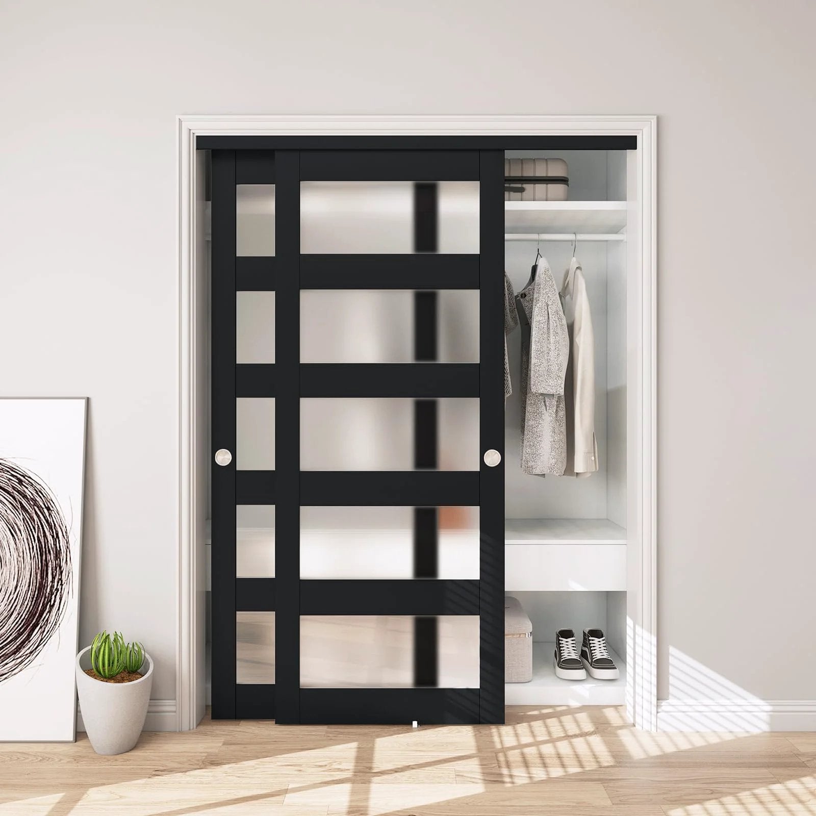 Frosted Glass Sliding Closet Door, 60x80, Black Finish ✓