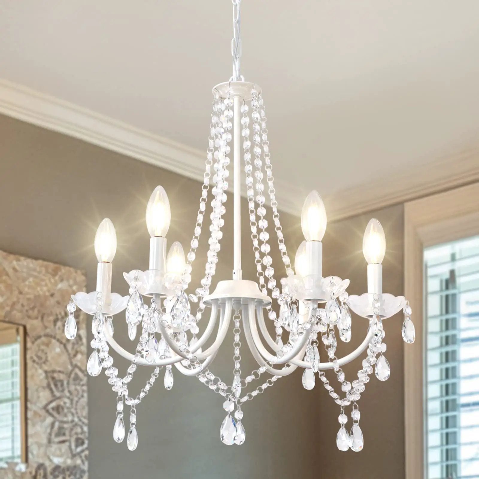 Lit White Crystal Chandelier | 6-Lt Elegant Ceiling ✓