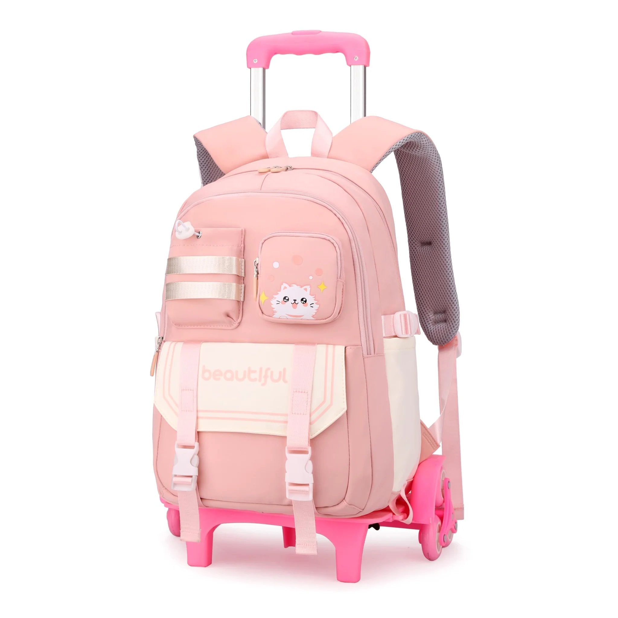 バンダイ スクモバ school mobile ピンク Cat Print Rolling Backpack for Girls - Stylish & Durable ✓