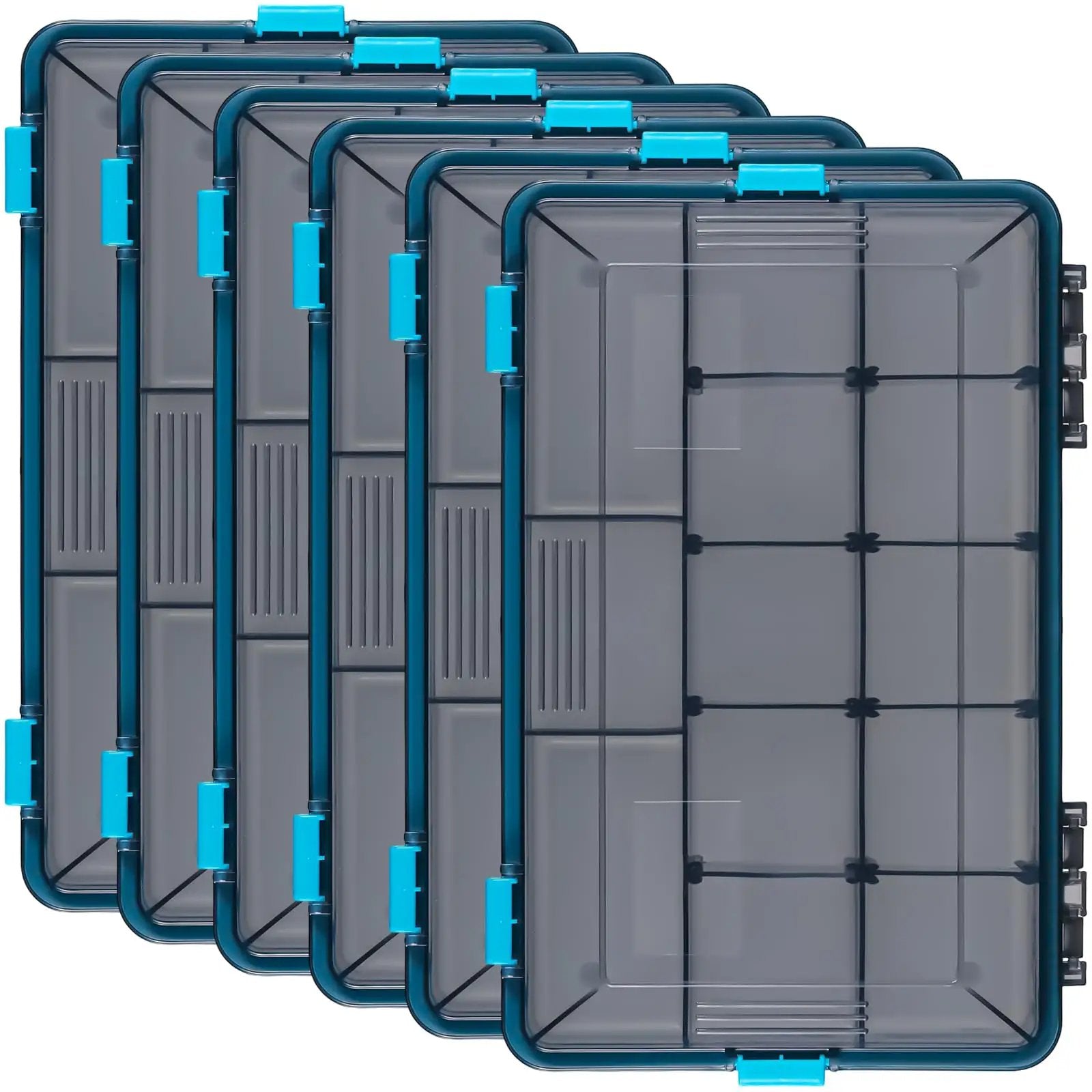 Six Pack Waterproof Fishing Tackle Boxes 3600 And 3700 With Removable Dividers Durable Plastic Storage Organizer Bait Vault Camouflage Blue For