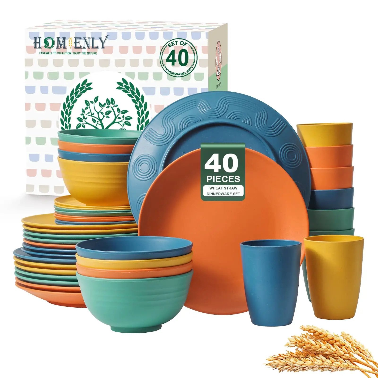 40 Piece Wheat Straw Dinnerware Set For 8 and Bowls ✓