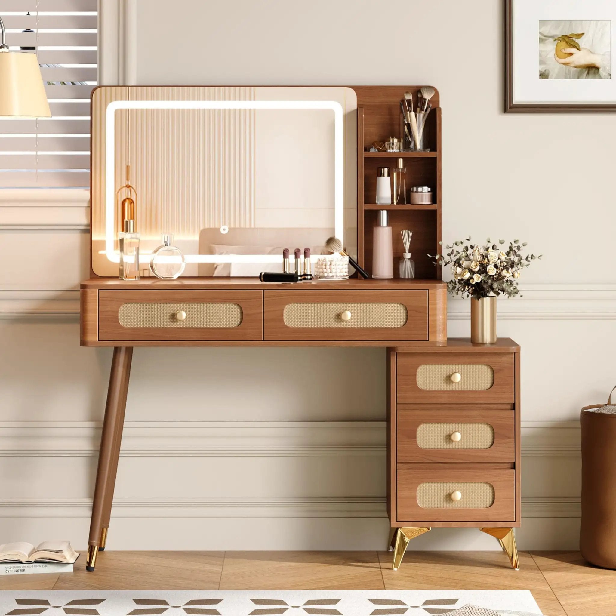 Walnut Vanity Desk With Mirror And Lights ✓