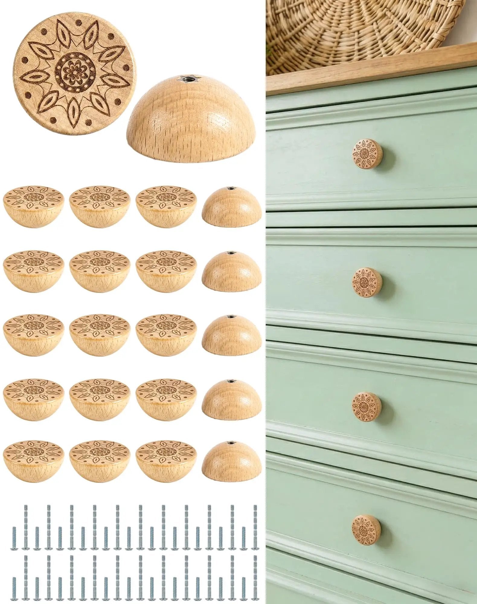 boho dresser knobs 20 Pack Wooden Dresser Knobs Boho Cabinet Knobs Rustic Farmhouse Dope Round  Handmade Floral Wood Drawer Pulls For Nursery Dressers Cabinets Easy