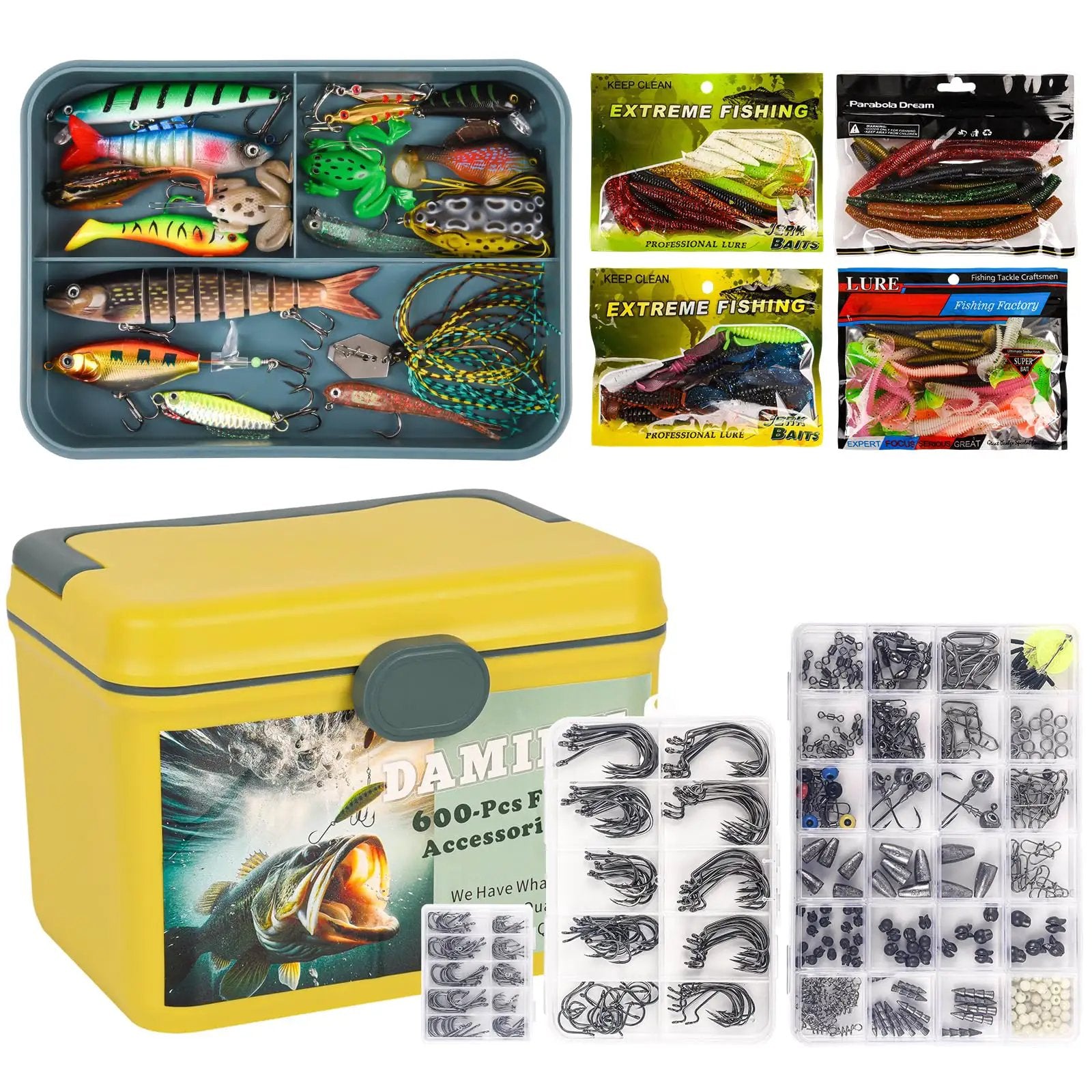 600 Piece Tackle Box Fishing Kit With Hooks Sinkers Swivels Snaps Topwater Lures Spoons Soft Plastics Jig Heads Frogs Minnows And More Gear For 