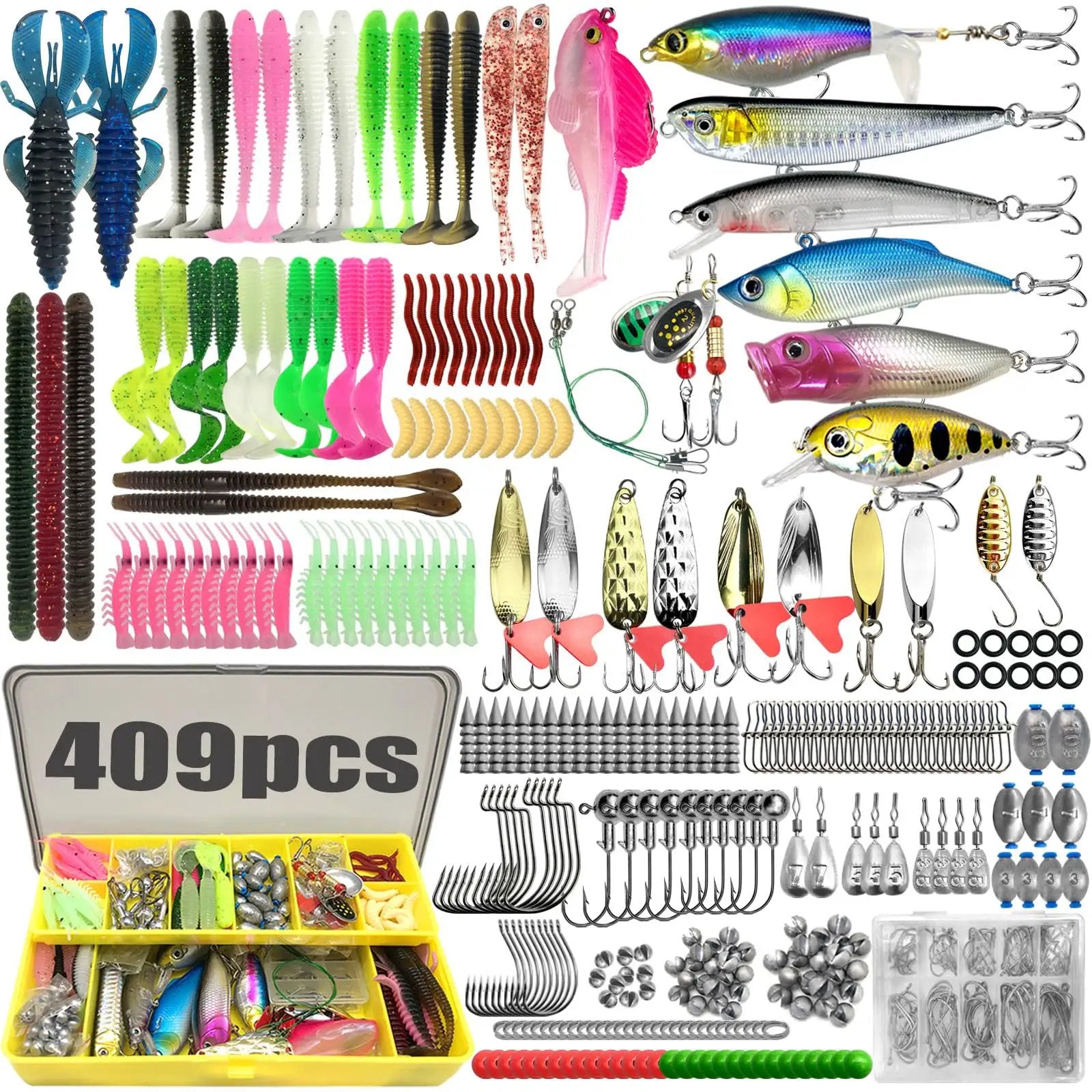 All In One 409 Piece Fishing Lure Kit And Tackle Box Set For Freshwater And Saltwater Angling, Includes Hooks Lures Sinkers Swivels And Accessories, 