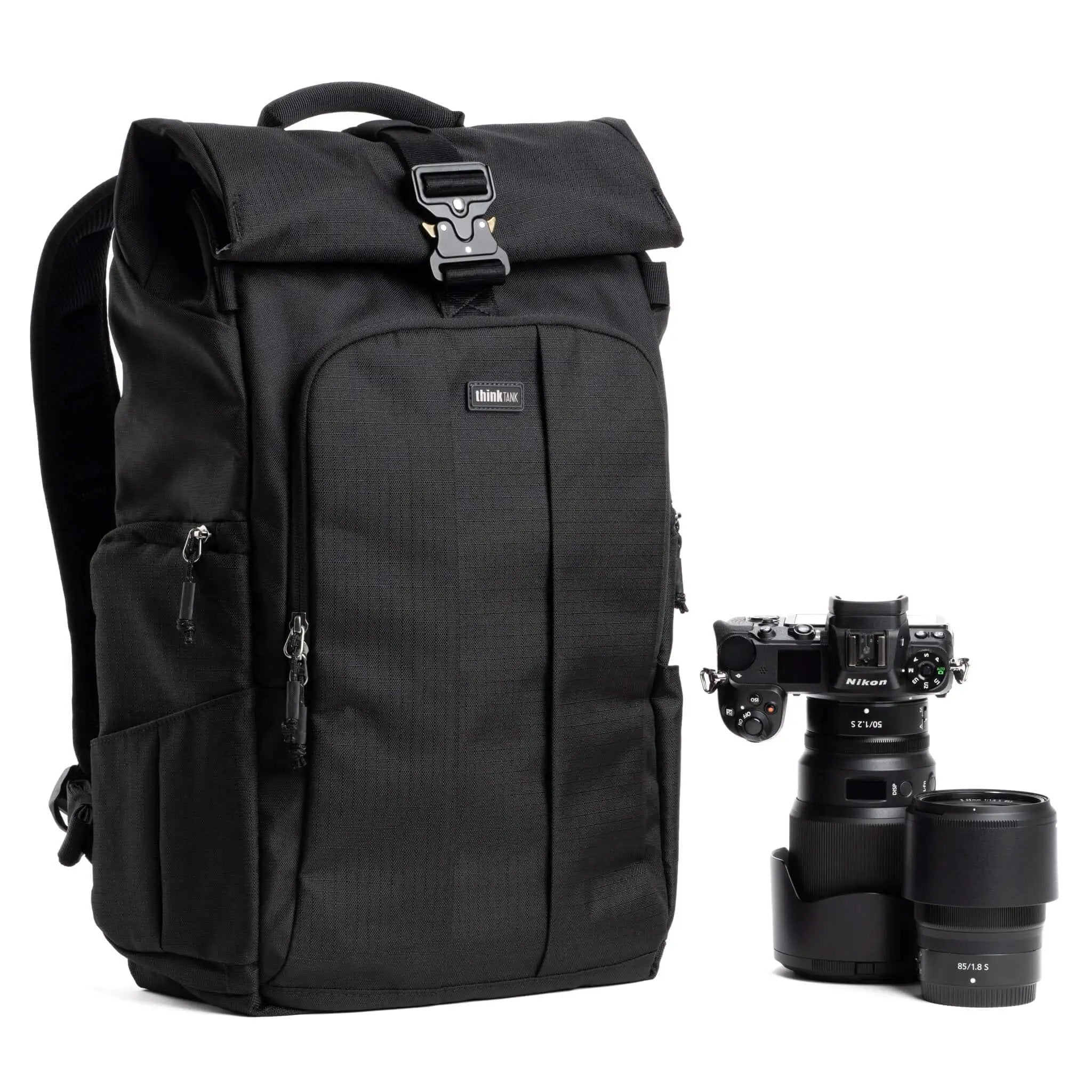 Roll Top 30L Camera Backpack With Laptop Sleeve And Rain Cover Asphalt Black Expands For Travel And Photo Gear Quick Side And Back Access Versatile 