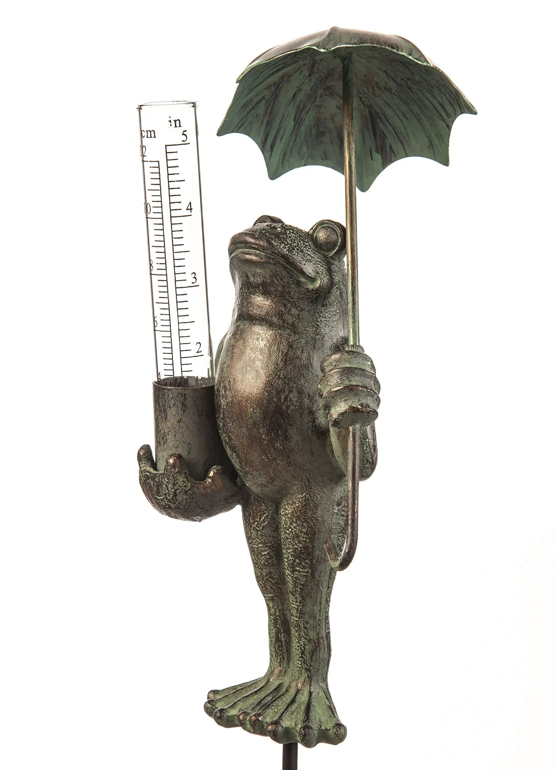 Garden Frog Statue With Umbrella Glass Rain Gauge ✓