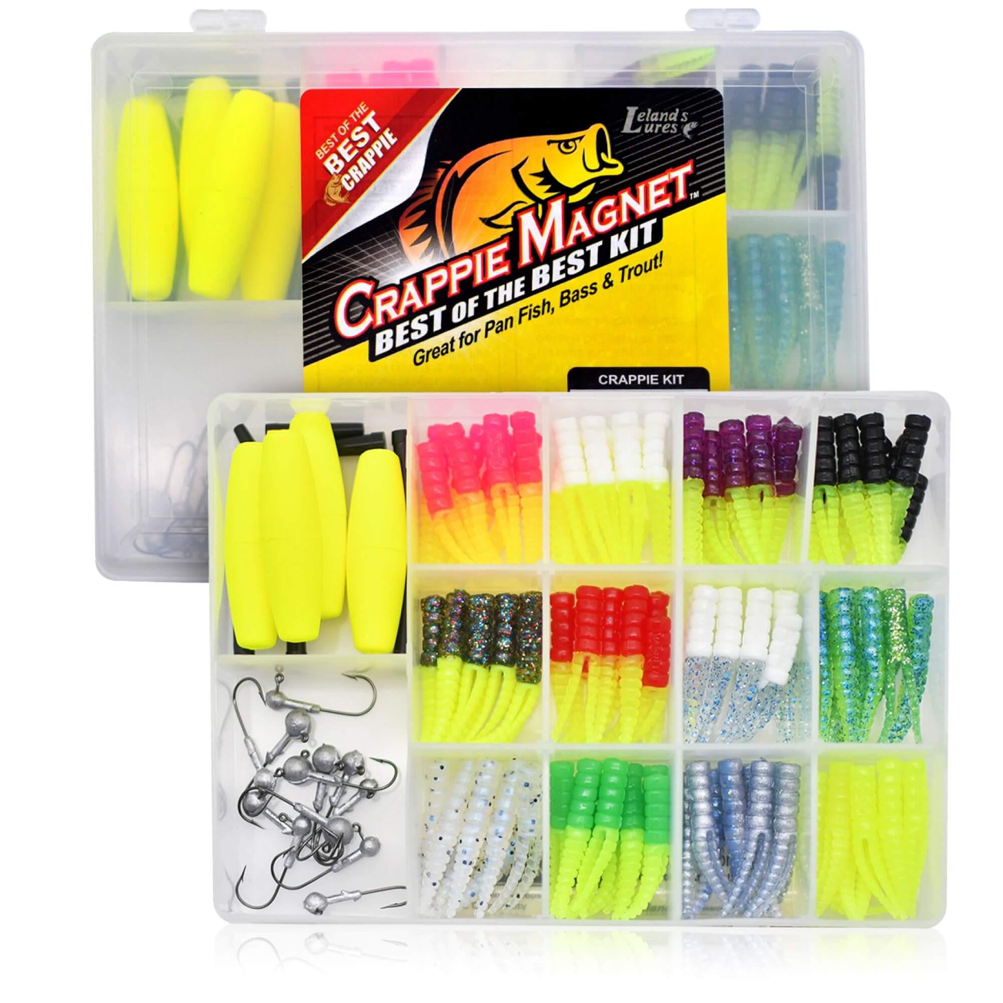 Crappie Magnet Best Of The Best Kit For Crappie Fishing With 96 Bodies, 15 Double Cross Jig Heads, And 4 EZ Floats, Tournament Proven Lure Set That 