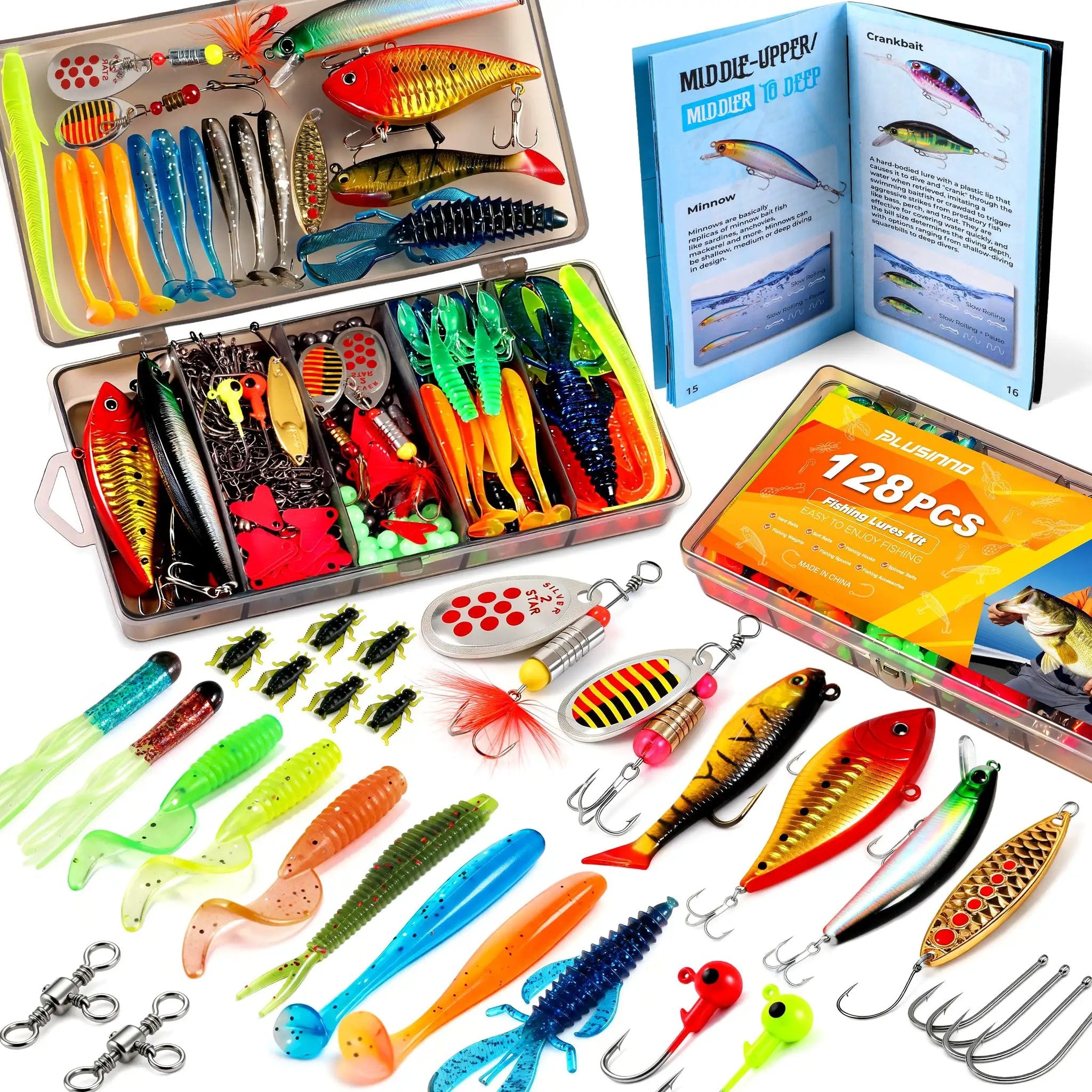 All In One Fishing Tackle Box With 128 Pieces Lures And Step By Step Handbook For Freshwater Bass Anglers Beginners Gift For Men Fathers And Outdoor 