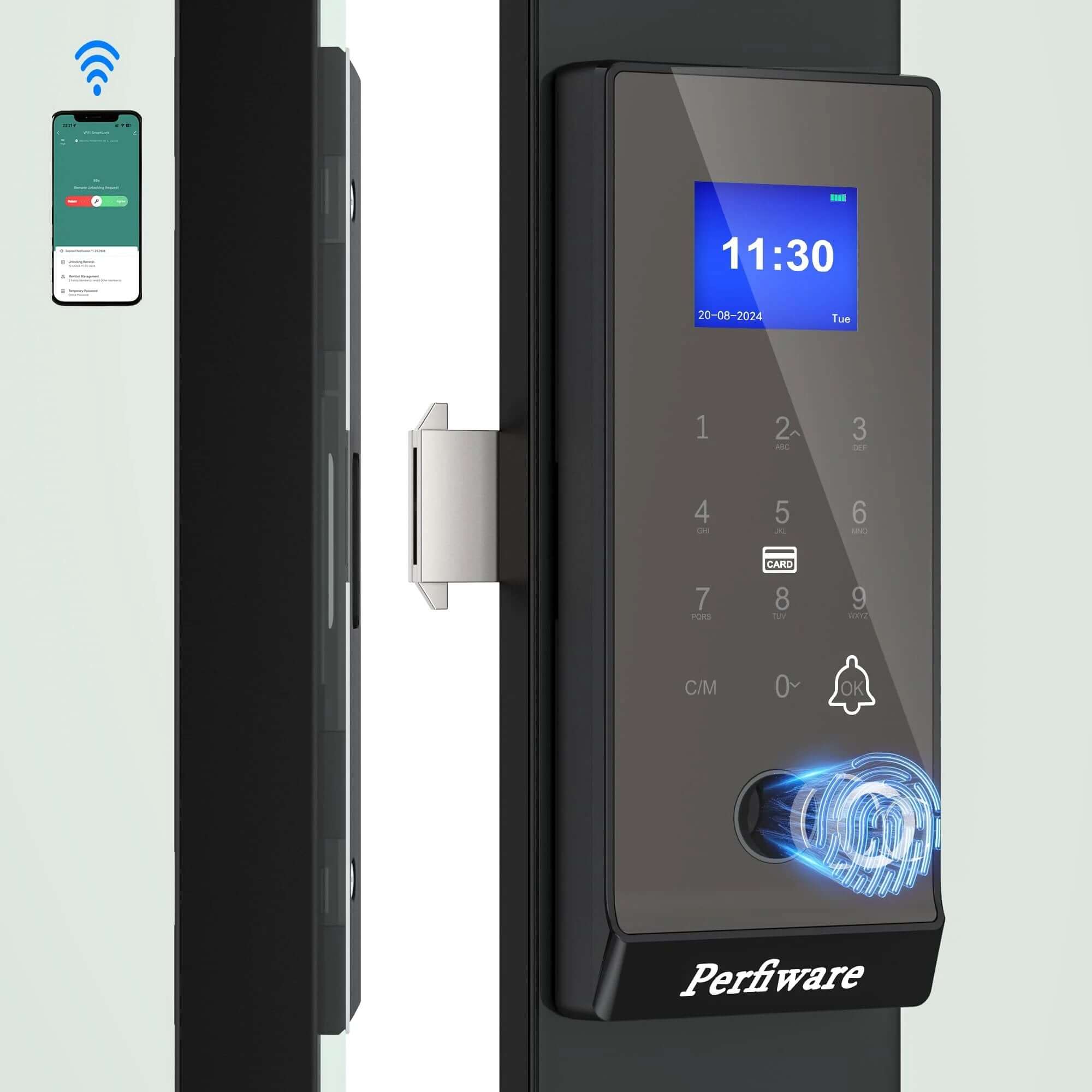 Intelligent Aluminum Alloy Sliding Glass Door Smart Lock – App & Fingerprint Control, Double Hook Mortise, Outdoor Waterproof, Emergency Micro-USB Charging, Silver Finish
