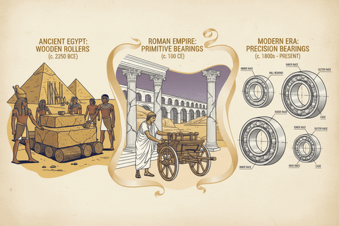 Illustration showing the evolution of bearings from ancient Egypt to the modern era for 'Rolling Through Time: The History of Ball & Roller Bearings'.