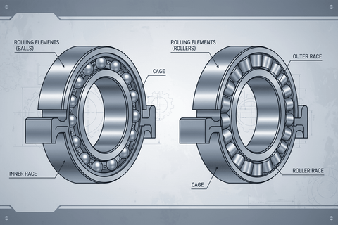 Conceptos básicos sobre Roller de bolas y Roller : diagrama en el que se muestran las pistas interior y exterior con los elementos rodantes y las jaulas