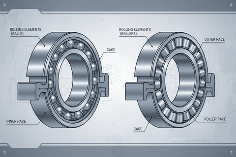Understanding the Basics of Ball and Roller Bearings: diagram showing inner and outer races with rolling elements and cages