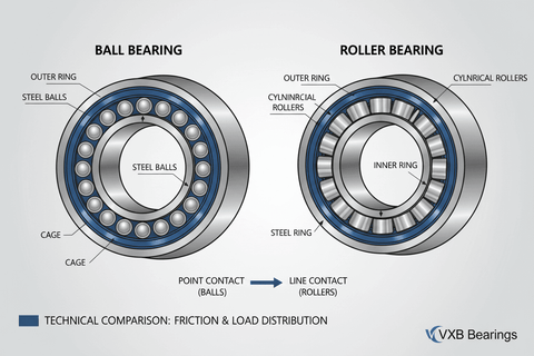 Comparison of ball bearings vs. roller bearings showing friction and load distribution differences. Ball Bearings vs. Roller Bearings: Which is Right for You?
