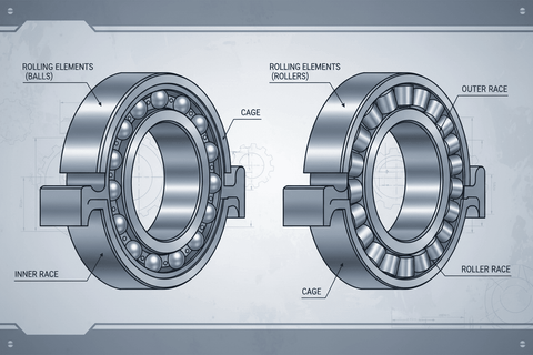 Understanding the Basics of Ball and Roller Bearings: diagram showing inner and outer races with rolling elements and cages