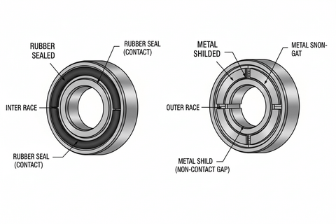 Diagram comparing rubber sealed vs. metal shielded ball bearings, showing parts labeled including rubber seal and metal shield.