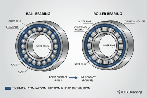 Comparison of ball bearings vs. roller bearings showing friction and load distribution differences. Ball Bearings vs. Roller Bearings: Which is Right for You?