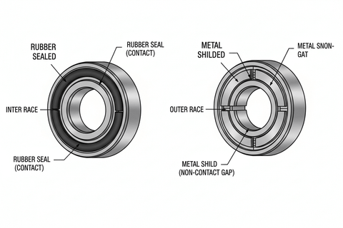 Diagram comparing rubber sealed vs. metal shielded ball bearings, showing parts labeled including rubber seal and metal shield.