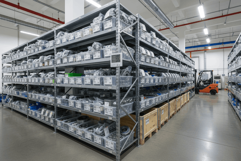 Warehouse shelves with organized bearings showcasing the Ultimate Guide: Store Bearings Like a Pro for Longevity approach.