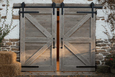 Rustic barn door hardware on vintage wooden doors, adding charm and functionality to outdoor entryway.