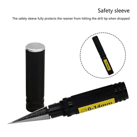 0 To 14mm Hole Opener Reamer Drill Punch For Metal And Steel Ideal For Aviation Models And Woodworking DIY Projects Durable Precision Tool For Clean Holes Easy Slip Resistant Handle With Protective Sleeve showing close-up with safety sleeve