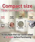 Comparison of Eight Pcs Ultra Low Profile Half Inch Mini Rigid Caster Wheels Non Swivel Fixed Casters next to coins for size reference.