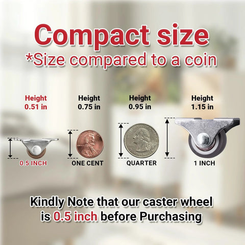Comparison of Eight Pcs Ultra Low Profile Half Inch Mini Rigid Caster Wheels Non Swivel Fixed Casters next to coins for size reference.