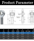 Technical diagram and specifications of 1/2 Heim Joints Rod End Kit with Right and Left Hand Threads for suspension applications