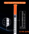 0.5 Milliliter Syringe With 31G 5/16 Inch Needle Pack Of 100 Sterile Individually Wrapped For Precise Lab Dosing, close-up of scale