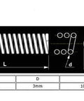 Diagram of a small 0.5mm wire diameter 3mm outer diameter 10mm length compression spring in 304 stainless steel.