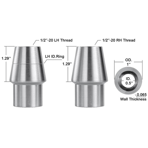 1/2 Heim Joint Rod End Kit with Right and Left Hand Threads, showing dimensions, threads, and tube adapters in chromoly material.