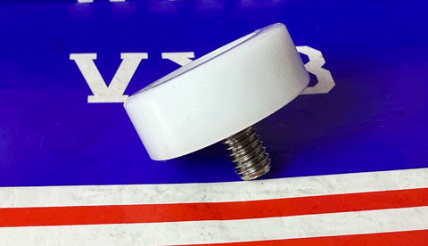 POM4x13x4ZZ C1 L5 M4 Stud - White Plastic Covered Bearing 4x13x4mm on a blue background.