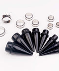 Essential 32 Piece 00G Ear Stretching Kit With Surgical Steel Tapers Tunnels And Acrylic Plugs in black for 1 Inch Gauge.
