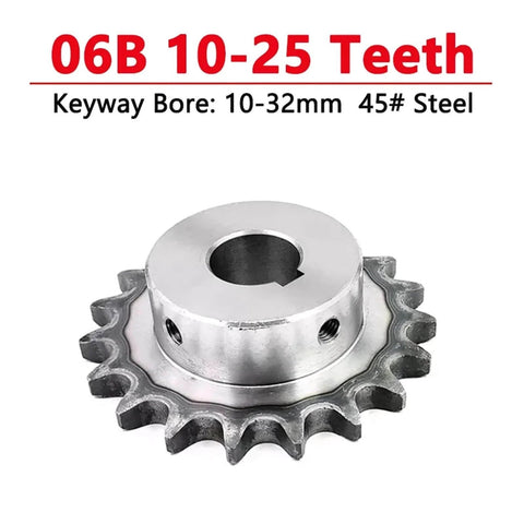 Front view of 06B 20 teeth industrial drive sprocket wheel, 45# steel chain gear, keyway bore 10-32mm