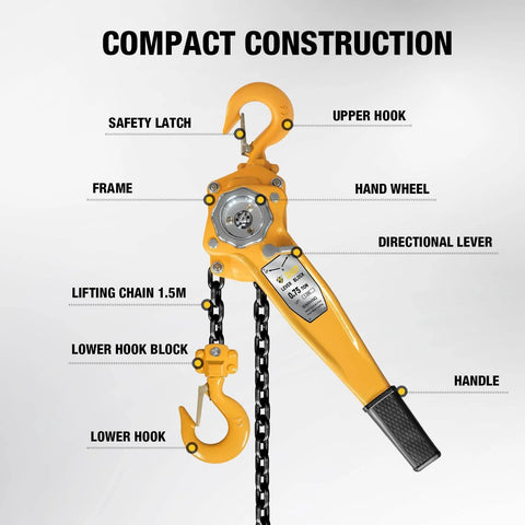 Diagram of 0.75 Ton Manual Lever Chain Hoist With G80 Galvanized Carbon Steel Construction And Double Pawl Brake features