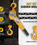 0.75 Ton Manual Lever Chain Hoist With G80 Galvanized Carbon Steel Construction And Double Pawl Brake in yellow, showcasing features.