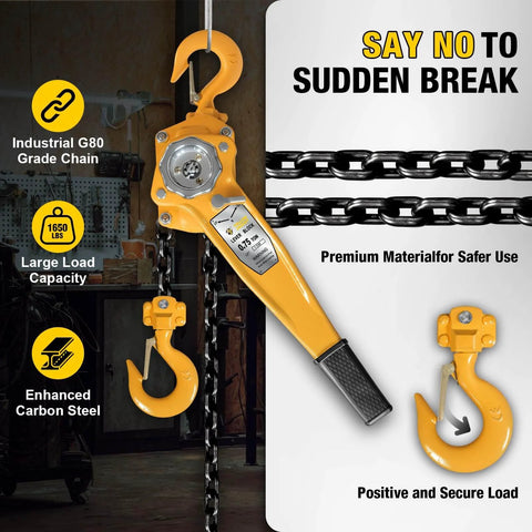 0.75 Ton Manual Lever Chain Hoist With G80 Galvanized Carbon Steel Construction And Double Pawl Brake in yellow, showcasing features.
