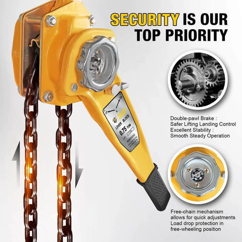 0.75 Ton Manual Lever Chain Hoist with G80 Galvanized Carbon Steel, double pawl brake system close-up, highlighting features.