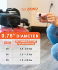 Person holding 0.75 Inch Diameter Hemisphere Rubber Bumpers With Adhesive, chart showing duro and load rates, compressor in background.