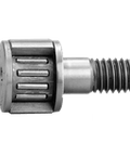 Side view of Single Miniature Metric Caged Cam Follower CFS5, M5x0.8 Hex Stud, Shielded High Carbon Steel, Cylindrical Outer Ring