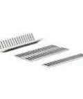 IKO flat roller cage linear guide showing three stainless steel units, ideal for compact machinery with smooth, durable motion.