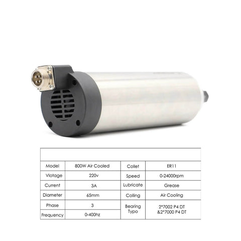 0.8kW ER11 Air Cooled CNC Spindle Motor With 65mm Body And 181mm Length, 4 Ball Bearings, Precision 0.01mm, 220V, side view