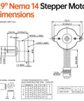 Technical diagram of a 0.9° Round Nema 14 Stepper Motor showing dimensions, wiring, and assembly details.